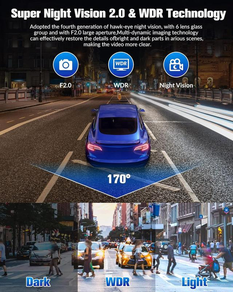 Dash Camera for Cars, 4K Full UHD Dash Cam Front and Rear Inside,Car Camera with Free 32GB SD Card,Built-In Super Night Vision, Loop Recording, Wdr,G-Sensor,24 Hours Parking Monitor