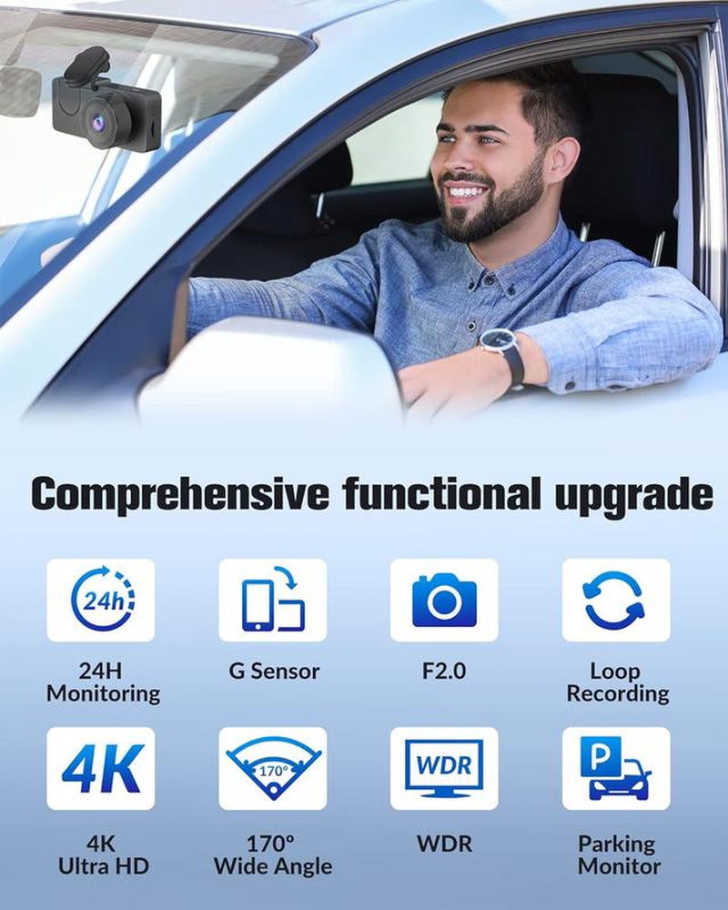 Dash Camera for Cars, 4K Full UHD Dash Cam Front and Rear Inside,Car Camera with Free 32GB SD Card,Built-In Super Night Vision, Loop Recording, Wdr,G-Sensor,24 Hours Parking Monitor