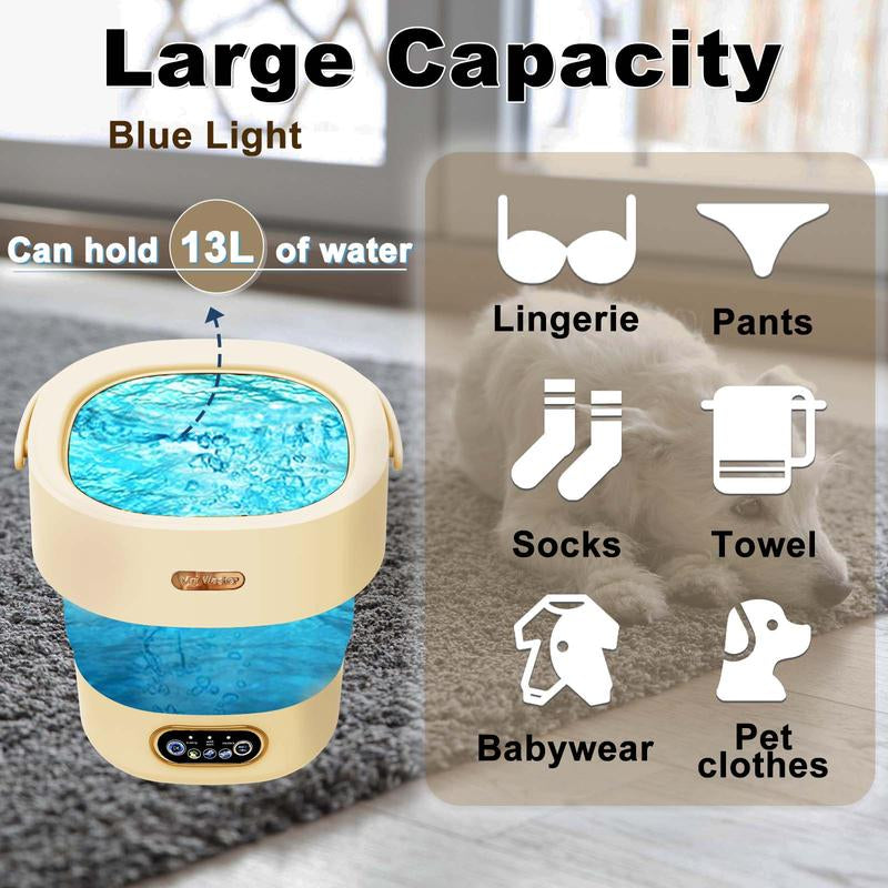 Portable Mini Washing Machine, 13L Large Capacity Foldable Washing Machine with 3 Cleaning Modes, Compact Washing Machine for Travel, Apartment, RV