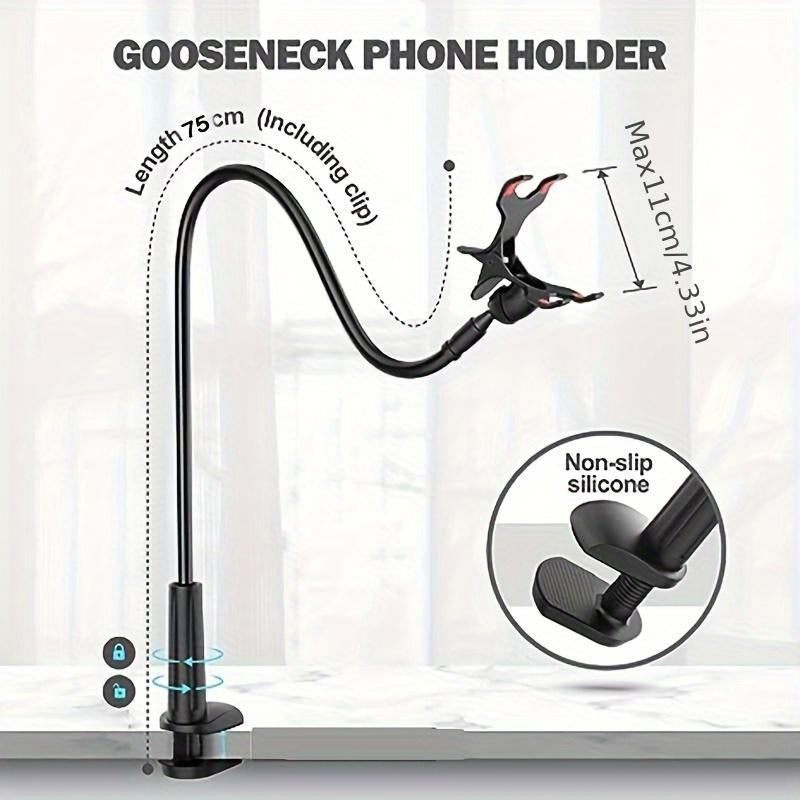 Long Neck Phone Holder – 360° Rotating Flexible Gooseneck for Desktop and Bedside, Reinforced Base, Soft Silicone Clip Fits Smartphones up to 10Cm Wide