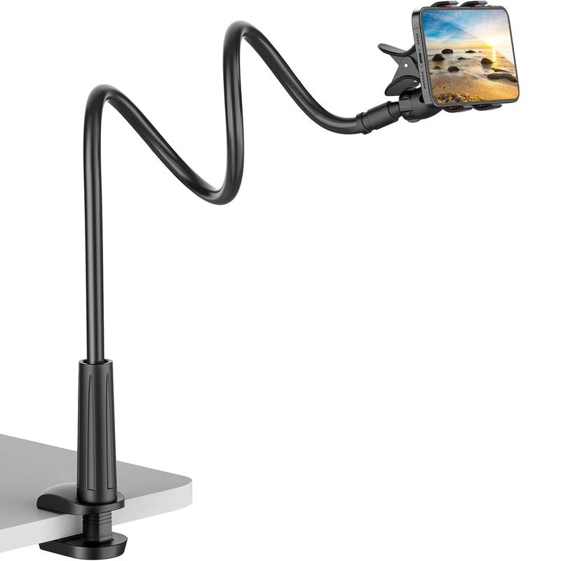 Long Neck Phone Holder – 360° Rotating Flexible Gooseneck for Desktop and Bedside, Reinforced Base, Soft Silicone Clip Fits Smartphones up to 10Cm Wide