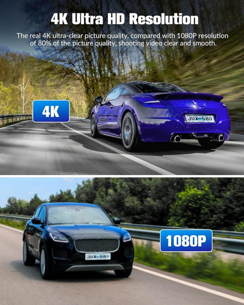Dash Camera for Cars, 4K Full UHD Dash Cam Front and Rear Inside,Car Camera with Free 32GB SD Card,Built-In Super Night Vision, Loop Recording, Wdr,G-Sensor,24 Hours Parking Monitor