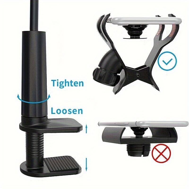 Long Neck Phone Holder – 360° Rotating Flexible Gooseneck for Desktop and Bedside, Reinforced Base, Soft Silicone Clip Fits Smartphones up to 10Cm Wide