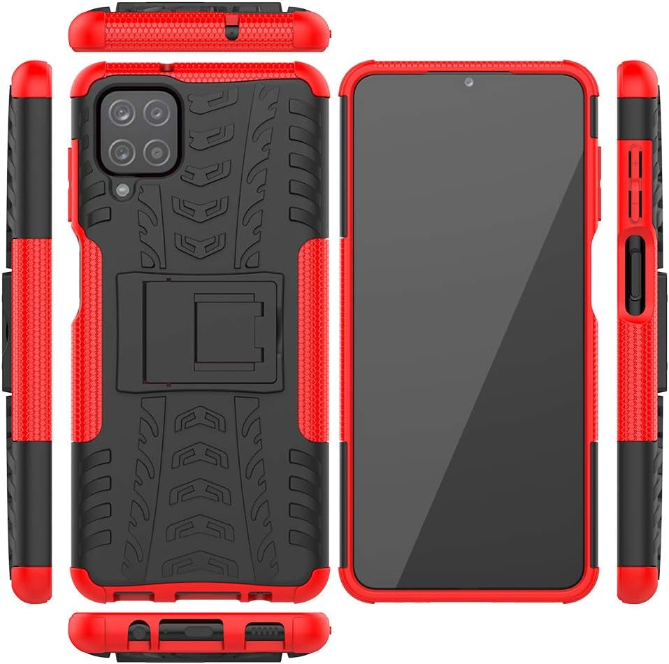 For Galaxy A12 Case,With HD Screen Protector,[Shockproof] Tough Rugged Dual Layer Protective Case Hybrid Kickstand Cover for Samsung Galaxy A12 (Red)
