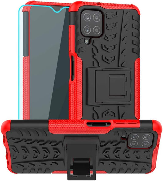 For Galaxy A12 Case,With HD Screen Protector,[Shockproof] Tough Rugged Dual Layer Protective Case Hybrid Kickstand Cover for Samsung Galaxy A12 (Red)