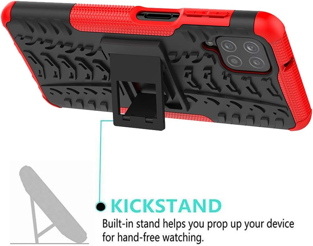 For Galaxy A12 Case,With HD Screen Protector,[Shockproof] Tough Rugged Dual Layer Protective Case Hybrid Kickstand Cover for Samsung Galaxy A12 (Red)