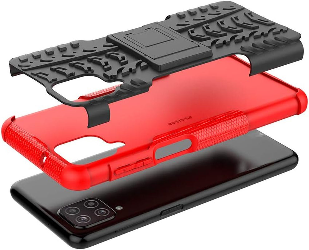 For Galaxy A12 Case,With HD Screen Protector,[Shockproof] Tough Rugged Dual Layer Protective Case Hybrid Kickstand Cover for Samsung Galaxy A12 (Red)