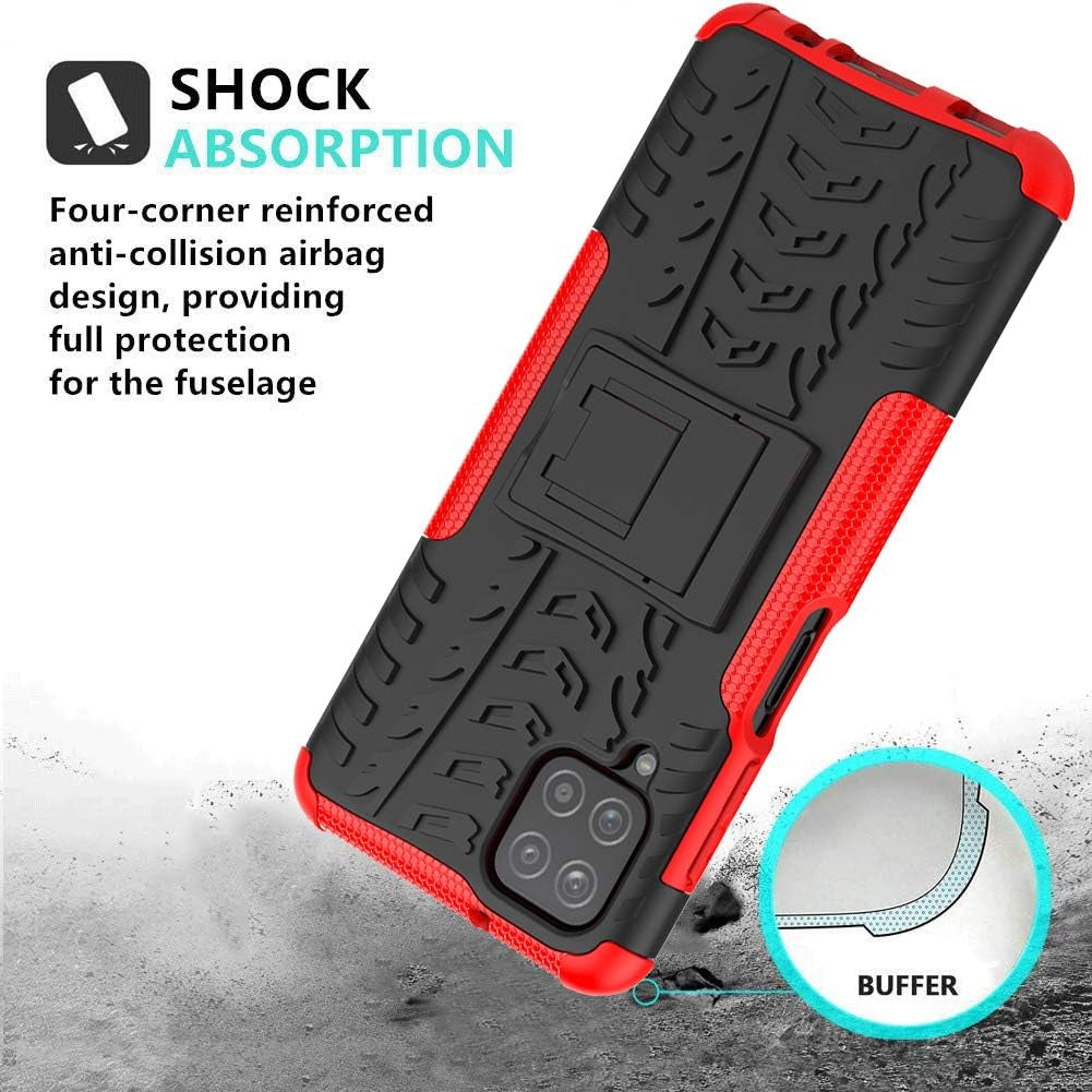 For Galaxy A12 Case,With HD Screen Protector,[Shockproof] Tough Rugged Dual Layer Protective Case Hybrid Kickstand Cover for Samsung Galaxy A12 (Red)