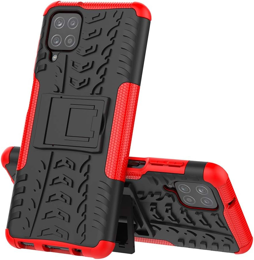 For Galaxy A12 Case,With HD Screen Protector,[Shockproof] Tough Rugged Dual Layer Protective Case Hybrid Kickstand Cover for Samsung Galaxy A12 (Red)